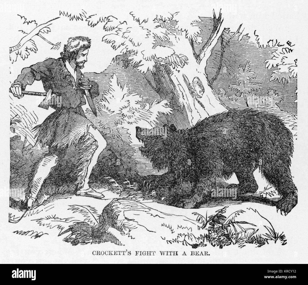 DAVY CROCKETT Armed with a knife and axe,  Davy Crockett fights a bear.   How the bear has annoyed him  isn't clear, though a new  jacket may be on the cards.     Date: 1786 - 1836 Stock Photo