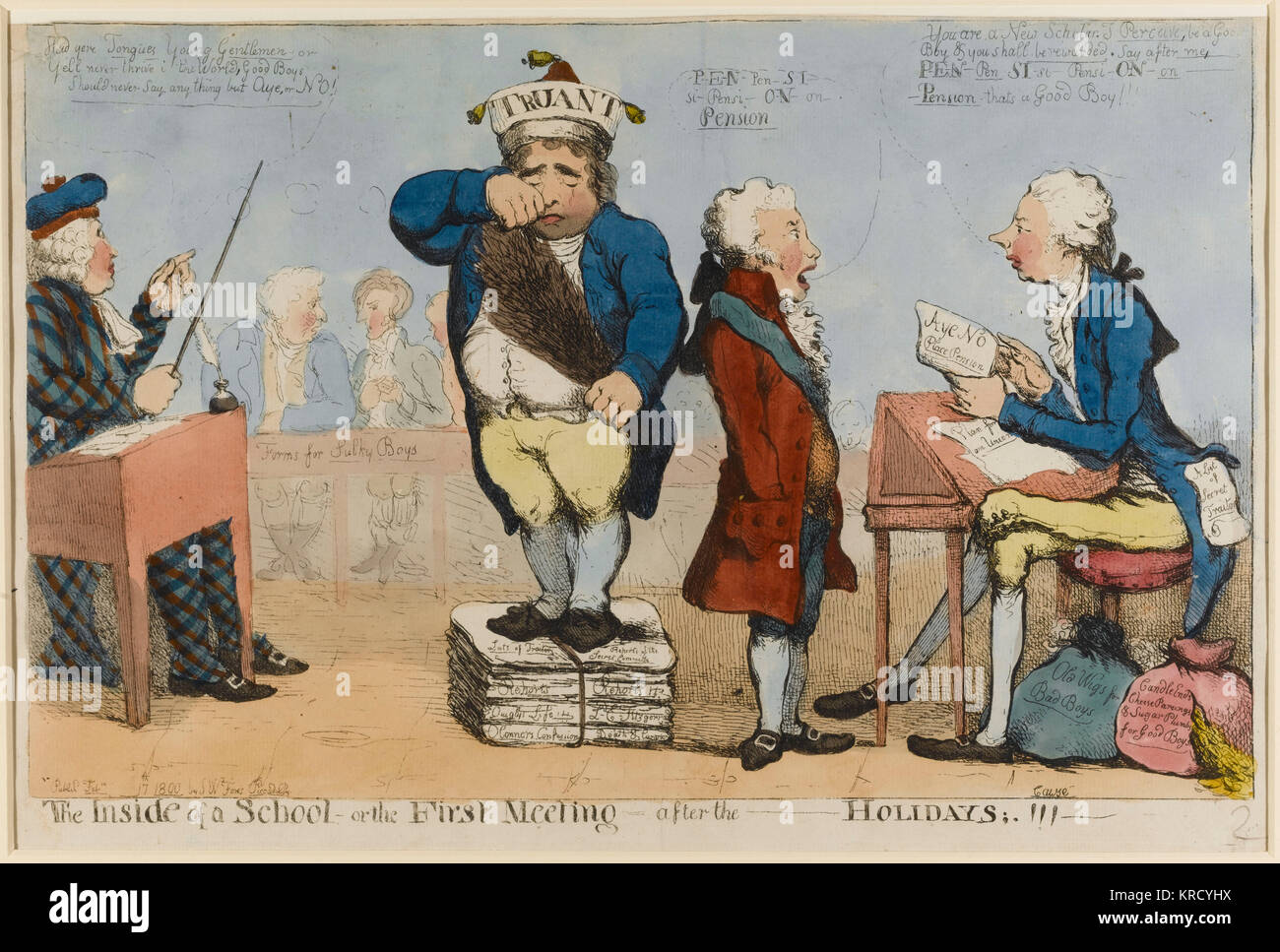 Satirical cartoon, The Inside of a School - or the first meeting - after the - Holidays!!!  A satire on the return of Fox to Parliament, for a debate on the peace overtures from France, having left in 1797. He is in the centre of the classroom wearing a fool's cap labelled 'Truant'. The bundled papers that he stands on carry labels alluding to controversial episodes in which he had become embroiled.  At desks on either side of the room sit Dundas, wearing his Scottish tartan; Pitt. Sheridan and Burdett are the 'Sulky Boys'.       Date: 1800 Stock Photo