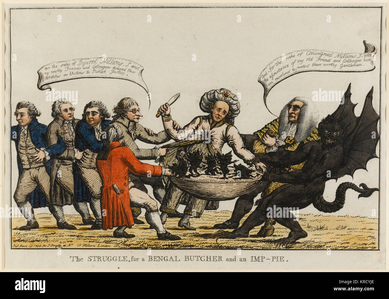 Satirical cartoon, The Struggle, for a Bengal Butcher and an Imp-Pie.  A print about the impeachment of Warren Hastings. A tug-of-war is taking place, with Hastings in a jewelled turban and a large pie (Sir Elijah Impey) in the middle. Hastings, as the Bengal Butcher, holds a bloody knife.  The rope is pulled from one side by Sir Gilbert Elliot, who was entrusted with the case, and on the other  by Thurlow and a winged demon.  Thurlow was accused of protecting Hastings.     Date: 1788 Stock Photo