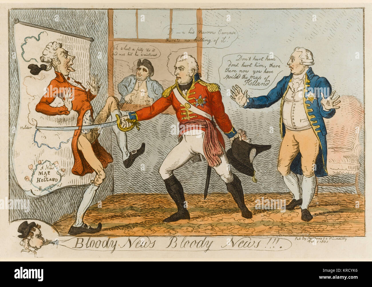Satirical cartoon, Bloody News, Bloody News!!!  The (Grand Old) Duke of York, in regimentals, was commander-in-chief of the ill-conceived  'Secret Expedition' to the Helder in North Holland in 1799.  Wielding a sabre he stabs at a point on a hanging map and clumsily pierces Pitts jacket.  Fox appearing through a window says 'Oh what a pity 'tis it did not hit his waistcoat'.  The King, the Duke's father, implores: 'Don't hurt him ... there there now ...'.       Date: 1801 Stock Photo