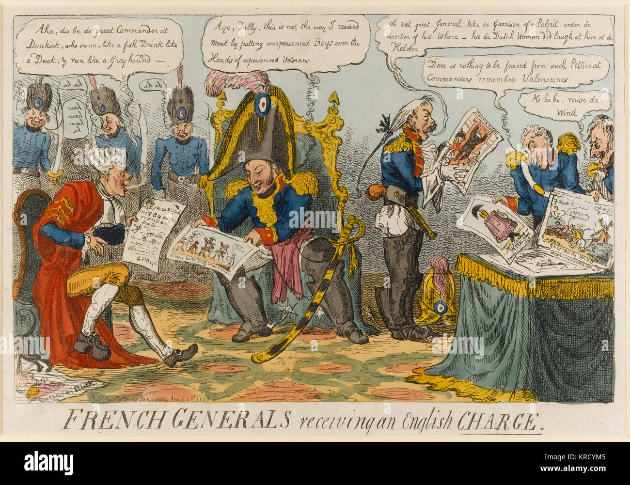 Satirical cartoon, French Generals receiving an English Charge.  Napoleon, Talleyrand and other French generals enjoy caricatures of the Duke of York and his mistress Mrs Clarke ('charge' is the French word for 'caricature').  Napoleon holds the cartoon entitled Military Leap Frog and says ' ... this is not the way I reward Merit by putting inexperienced Boys over the Heads of experienced Veterans'.       Date: 1809 Stock Photo