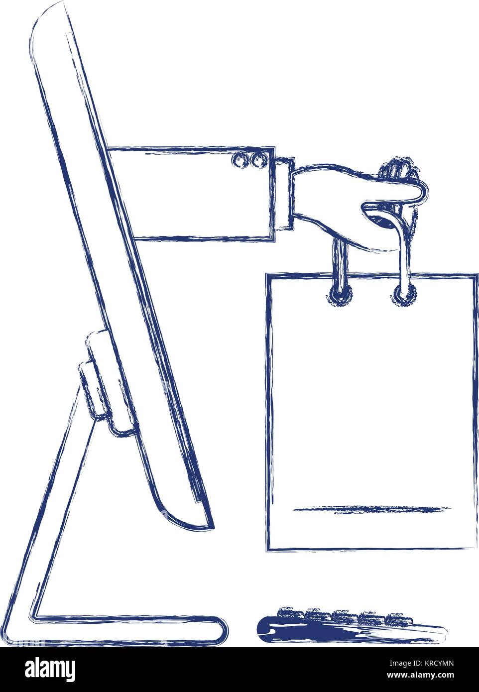 desktop computer and hand holding shopping bag of purchase online in