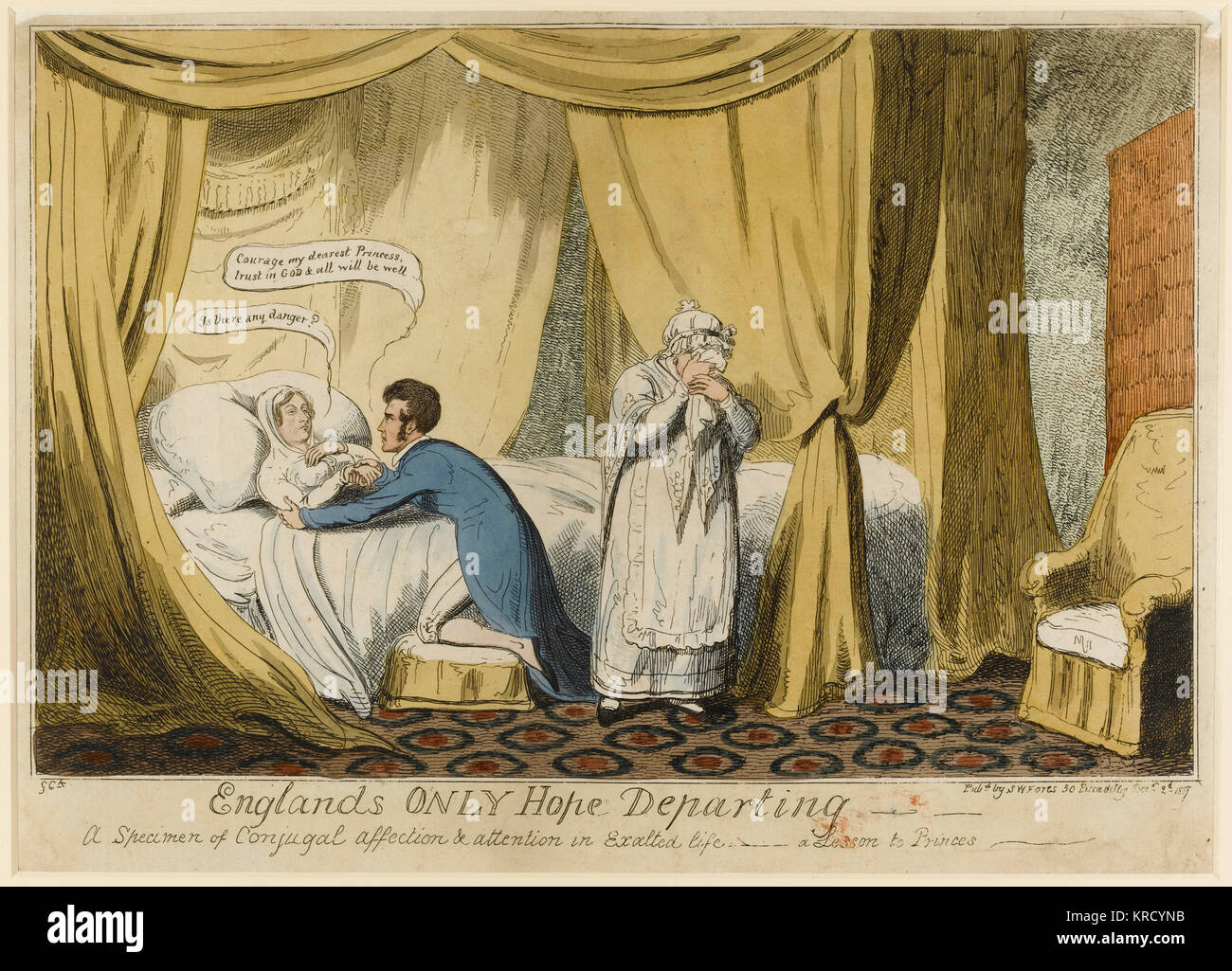 Cartoon, England's only Hope Departing.  A tragic deathbed scene. Princess Charlotte Augusta of Wales, daughter of the Prince Regent, died after the birth of a stillborn child on 6 November 1817, causing national grief. Had she survived she, and not Princess Victoria, would have succeeded King William IV to the throne.      Date: 1817 Stock Photo
