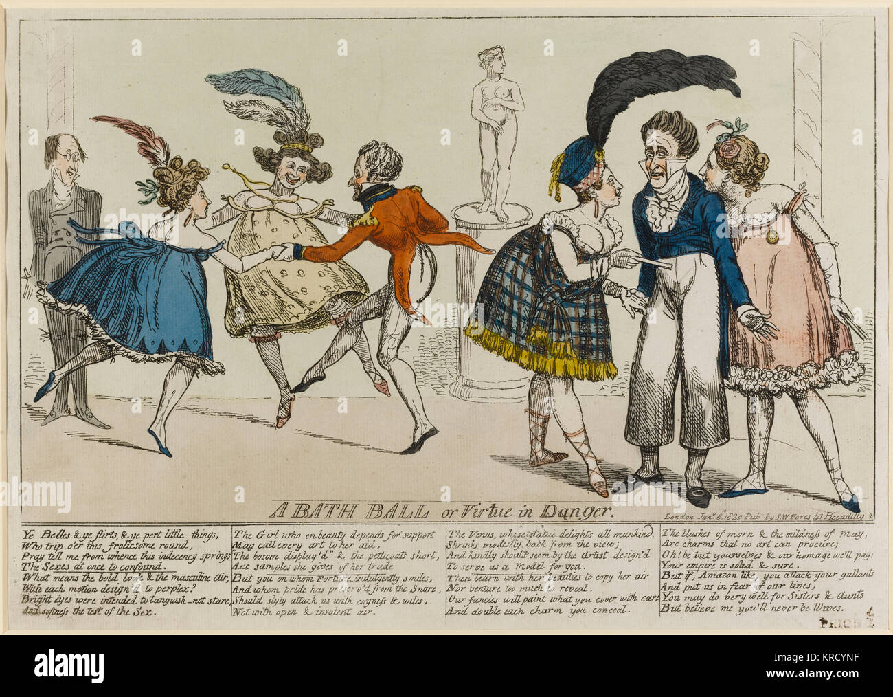 Satirical cartoon, A Bath Ball or Virtue in Danger.  A ball scene - an officer dances energetically with two ladies while a dandy, confronted by two flirting ladies, appears too shy to dance.  The accompanying verses end: 'But if, Amazon like, you attack your gallants And put us in fear of our lives, You may do very well for Sisters &amp; Aunts But believe me you'll never be Wives.'     Date: 1820 Stock Photo