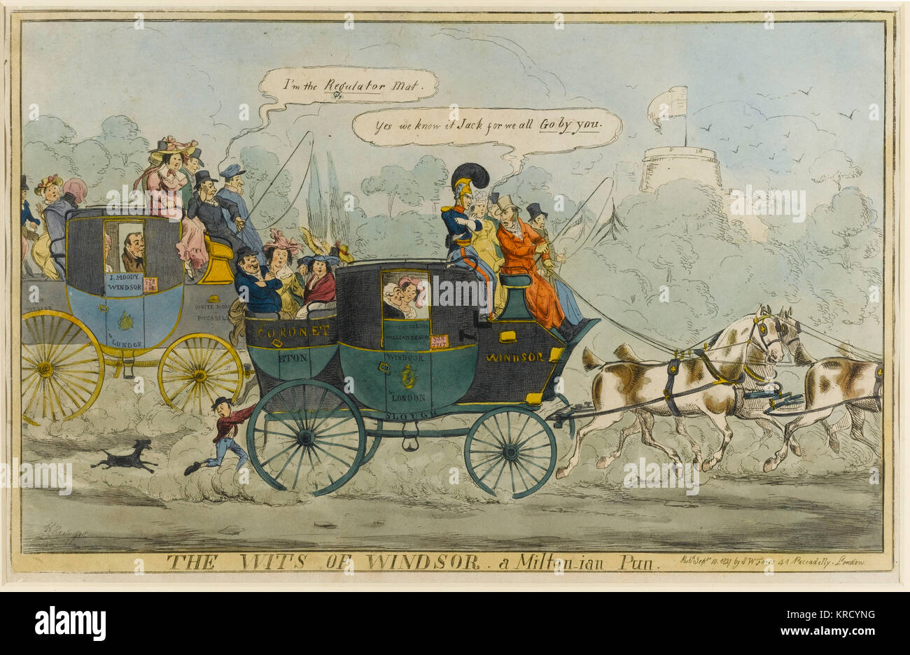 Satirical cartoon, The Wits of Windsor, a Milton-ian Pun.  One coachman boasts that he is the Regulator  the one who sets the time on the London-Windsor coach road. The other replies Yes, we know it, for we all go by you  we can tell the time by you  and we gallop past you.       Date: 1827 Stock Photo