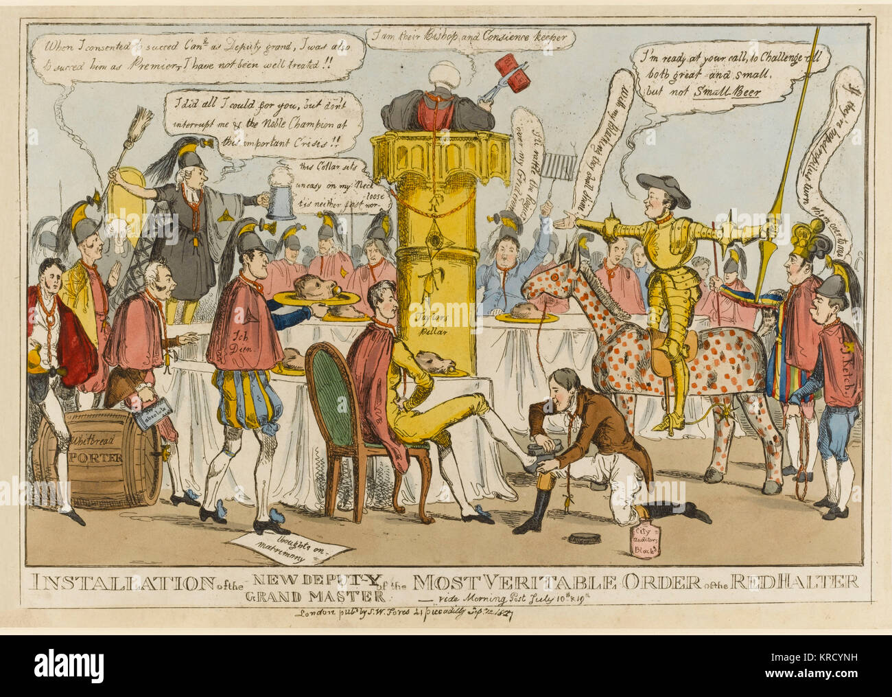 Satirical cartoon, Installation of the New Deputy Grand Master of the Most Veritable Order of the Red Halter - vide Morning Post July 10th &amp; 19th.  A ceremonial dinner is taking place. The guests wear red cloaks, helmets and nooses. Most are politicians and include Whitbread, Brougham (holding a broom) and Matthew Wood.  Sir Francis Burdett sits in a chair while Henry Hunt polishes his shoes.  In a pulpit labelled Taylors Pillar is a bishop in back view, Robert Taylor, who was arrested for blasphemy.  Don Quixote on a wooden horse is apparently Hobhouse.  Cobbett is identifiable by his att Stock Photo