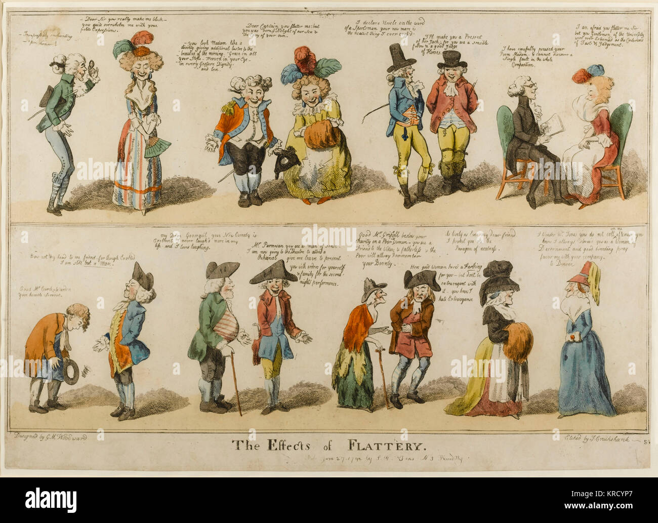 Satirical cartoon, The Effects of Flattery. One of a set of similar cartoons all titled 'The Effects of ...'  The print shows various pairs of people in conversation, arranged in two rows.  One person flatters while the other is taken in by the flattery and compliments.     Date: 1792 Stock Photo