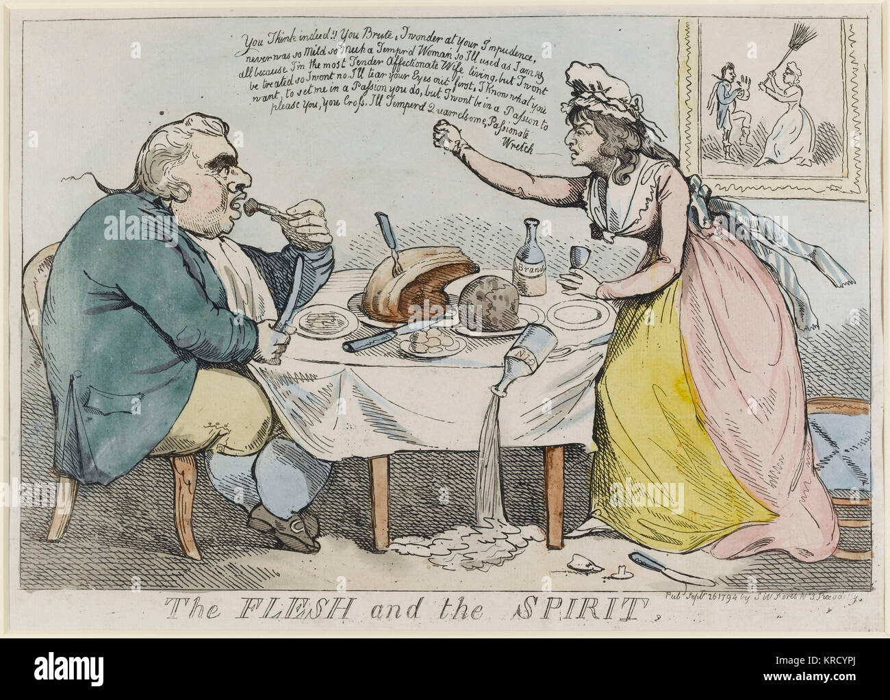 Satirical cartoon, The Flesh and the Spirit.  At one end of a table is a fat John Bullish Englishman tucking into a joint of roast beef (flesh) and a plum pudding, while at the other end his wife scolds and nags him, worse for wear with 'brandy' and 'gin' (spirit).  A satire on matrimony.  Possibly also a reference to the Whig leader Fox and his indecision in the face of the French Revolution.      Date: 1794 Stock Photo