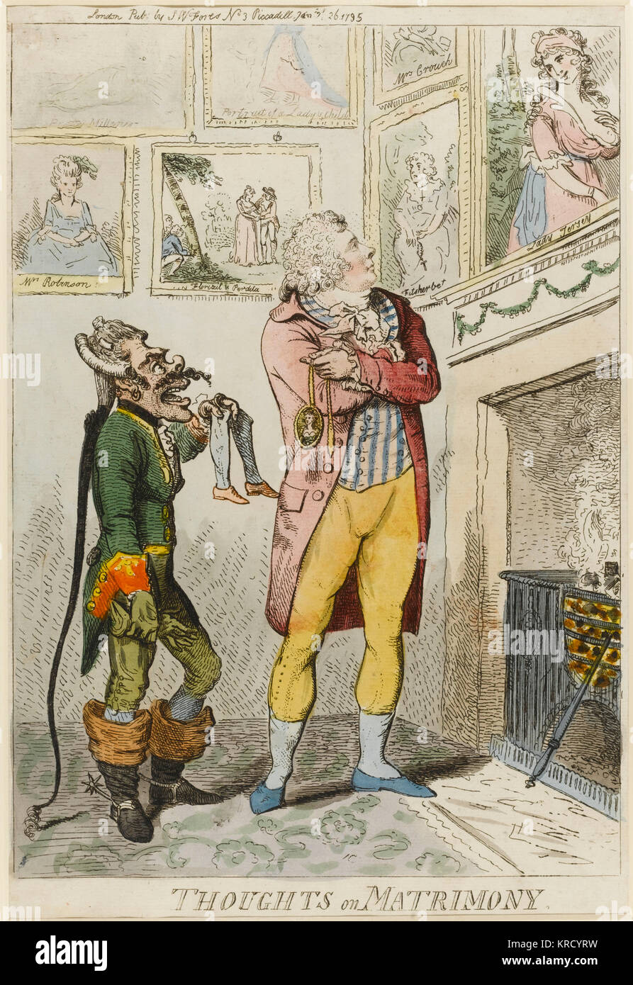 Satirical cartoon, Thoughts on Matrimony.  The Prince of Wales gazes at an alluring portrait of his lover Lady Jersey hanging above a fireplace, while dangling a miniature portrait of his future wife, Princess Caroline of Brunswick. A German diplomatic courier, grotesquely caricatured, is holding up a pair of stockings, no doubt informing the Prince that the Princess is on her way.  The Prince had consented to marry on condition of the payment of his debts and an increased income.     Date: 1795 Stock Photo