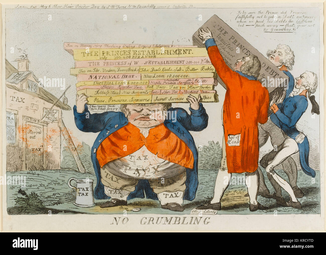 Satirical cartoon, No Grumbling.  King George III, the Prince of Wales and Pitt heave a huge block labelled 'The Princes debts' on top of a pile of other blocks stacked on the head of John Bull, who is squashed by the load.  Taxes include a 'tax on hearing seeing thinking walking crying children'.     Date: 1795 Stock Photo