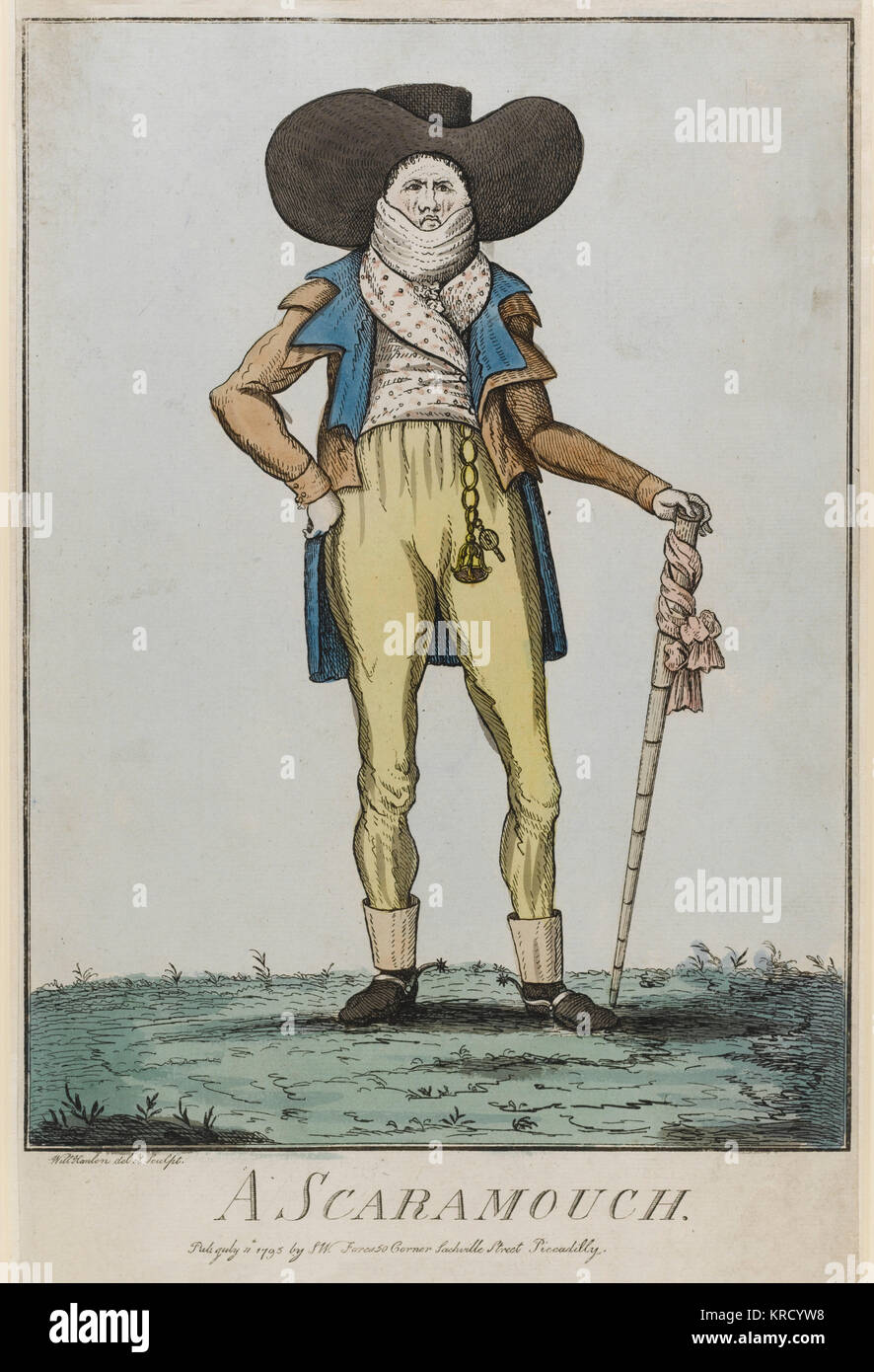 Satirical cartoon, A Scaramouch. A portrait of a man absurdly kitted in the fashion of the day.  He wears a spencer over his coat and a short double-breasted waistcoat and breeches with spurred half-boots.  He foppishly carries a cane swathed with a scarf.      Date: 1795 Stock Photo