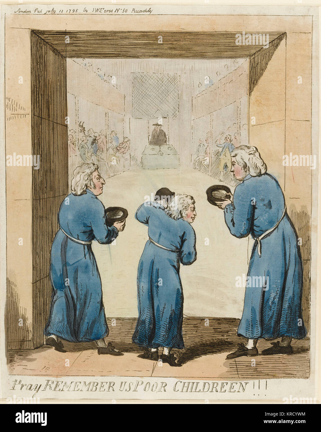 Satirical cartoon, Pray remember us poor Childreen!!! Standing at the entrance to Parliament, a debate in progress, the Duke of York, Duke of Clarence and the Prince of Wales, the King's sons, depicted as poor charity children wearing long blue coats with yellow stockings, hold out begging bowls.  In the background the Speaker (Addington) is prominent.  Debates discussing the Prince's debts were held on 27 April and 14 May 1795.  The Dukes of York and Clarence were also much in debt.     Date: 1795 Stock Photo