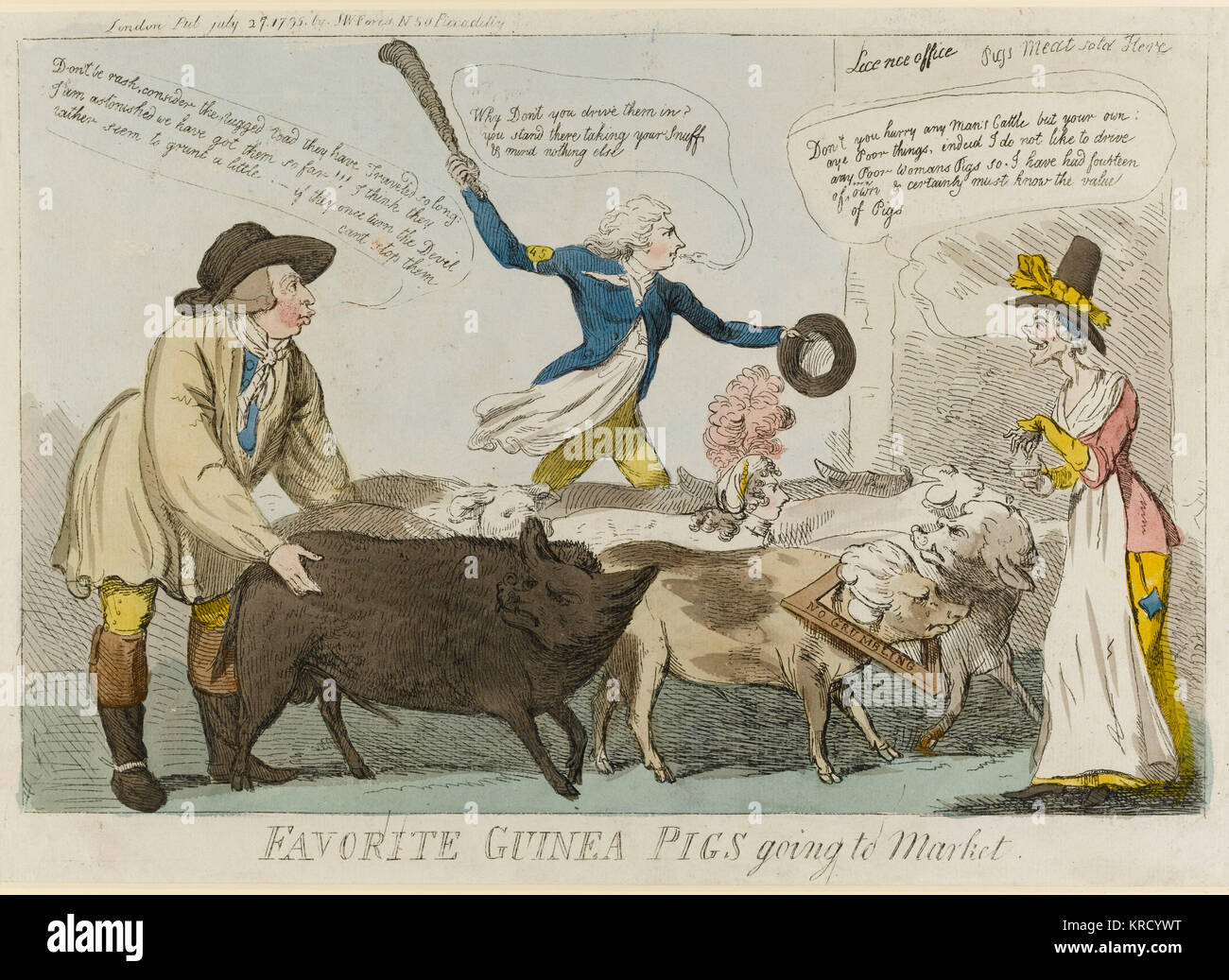 Satirical cartoon, Favorite Guinea Pigs going to market.  King George III in farmer's garb assisted by a drover, Pitt, drives a herd of pigs towards a building inscribed 'Licence office' and 'Pigs Meat sold Here'.  Among the herd is a resentful-looking pig wearing a yoke inscribed 'No Grumbling'.  Another satire on the guinea tax on licences to wear hair powder.     Date: 1795 Stock Photo