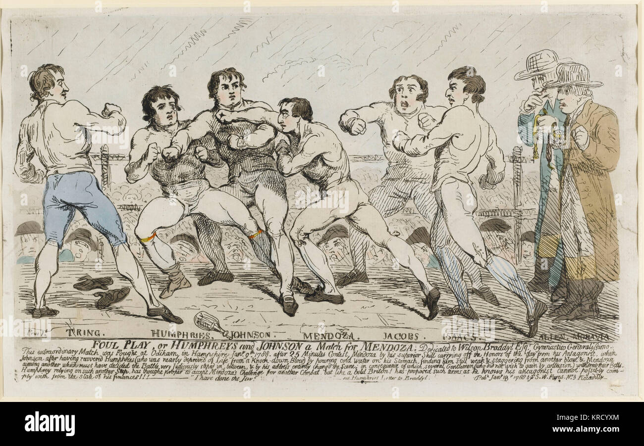 Cartoon, Foul Play or Humphreys and Johnson a Match for Mendoza.  This print records a boxing match held at Odiham Hampshire on 9 January 1788, widely reported by the press. The course and outcome of the fight is recorded on the lengthy inscription (below) -- while Humphries was declared the winner, the result was far from decisive.  The two men fought again, in 1789 and 1790, and Mendoza won both times.  Gillray produced a number of such boxing prints in 1788 and a striking aquatint portrait of the famous Jewish boxer Mendoza in classic pugilist pose.       Date: 1788 Stock Photo