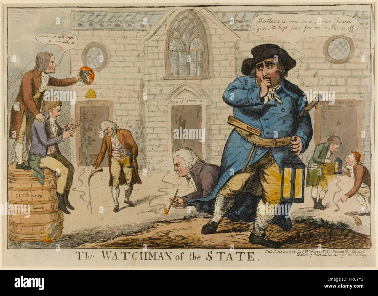 Satirical cartoon, The Watchman of the State.  Fox dressed as a watchman slips away as another gunpowder plot takes place.  Three lines of gunpowder lead towards the House of Parliament.  The lines laid by Horne Tooke, Sheridan, Thelwall and Stanhope lead to doorways labelled Constitution, House of Commons and House of Lords.  A satire on the partial secession of the leaders of the Opposition from Parliament.  The Whigs were persistently misrepresented in caricatures as colluding with the radicals.       Date: 1797 Stock Photo