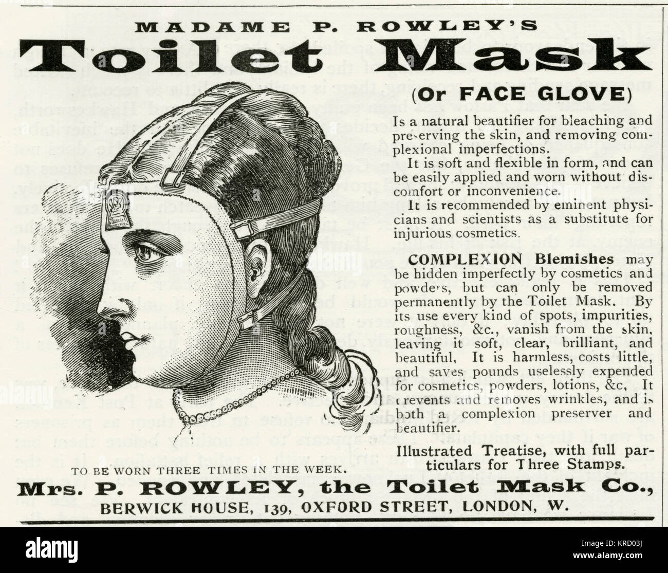 Natural beautifier for bleaching and preserving the skin and removing complexional imperfections. Blemishes may be hidden imperfectly by cosmetics and powers, but can only be removed permanently by 'Toilet Mask'.     Date: 1895 Stock Photo