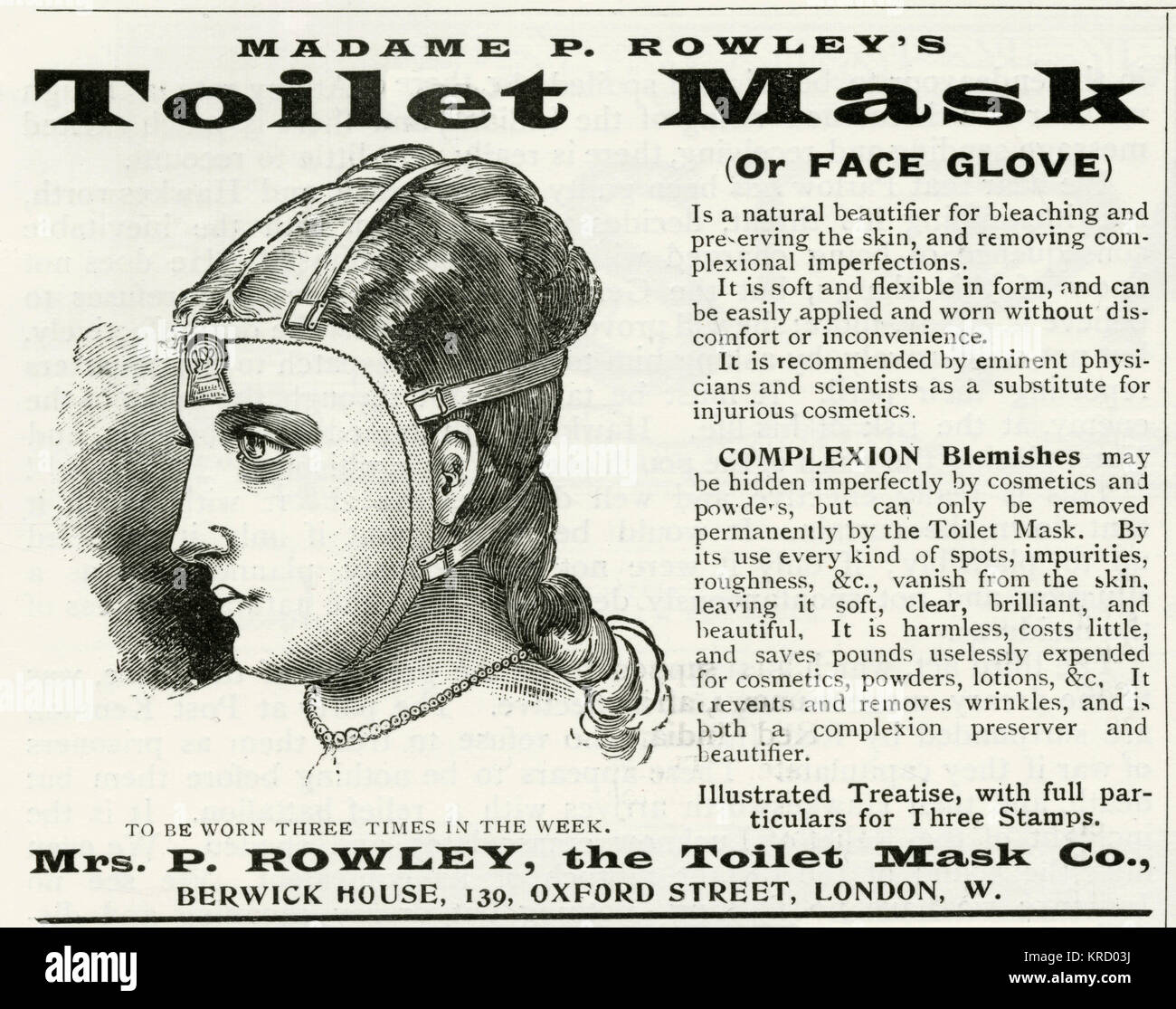 Natural beautifier for bleaching and preserving the skin and removing complexional imperfections. Blemishes may be hidden imperfectly by cosmetics and powers, but can only be removed permanently by 'Toilet Mask'. Date: 1895 Stock Photo