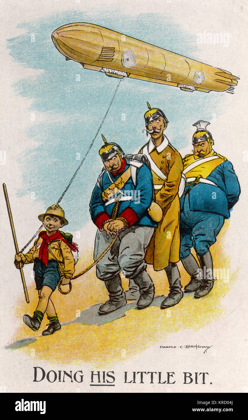 Humorous illustration from the  First World War period showing  a boy scout leading three  German soldiers, plus a  Zeppelin behind him.  Earnshaw  regularly drew boy scouts.     Date: c.1915 Stock Photo