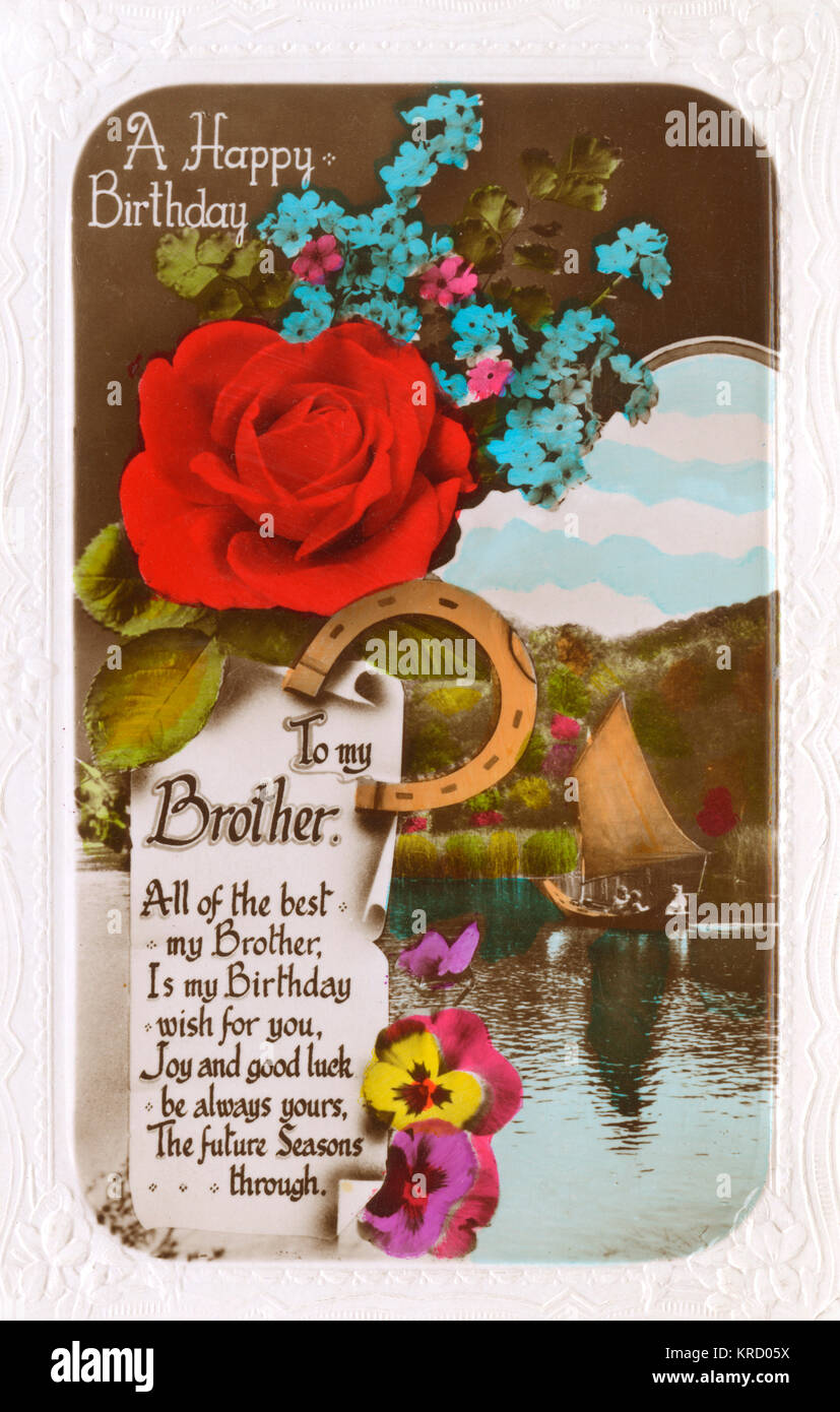 A Happy Birthday to my Brother: birthday card with a red rose, blue  forget-me-nots, assorted pansies and a horseshoe, with a sailing boat on a  lake in the background. Date: circa 1930s