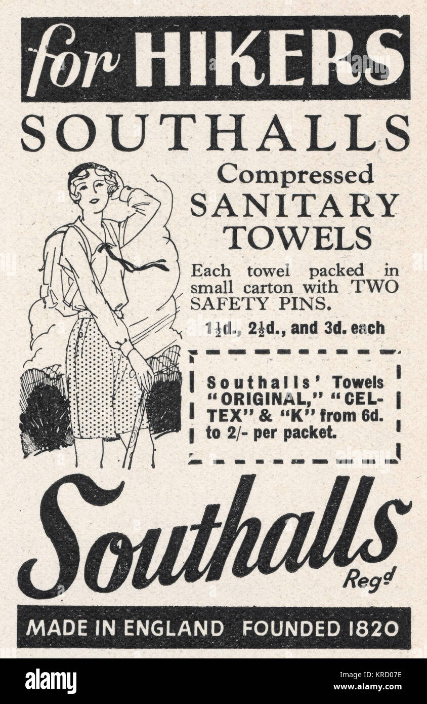 Advert for Southalls  compressed sanitary towels,  each one packed with two  safety pins and made  especially for hikers! Talk  about cashing in!     Date: September 1931 Stock Photo