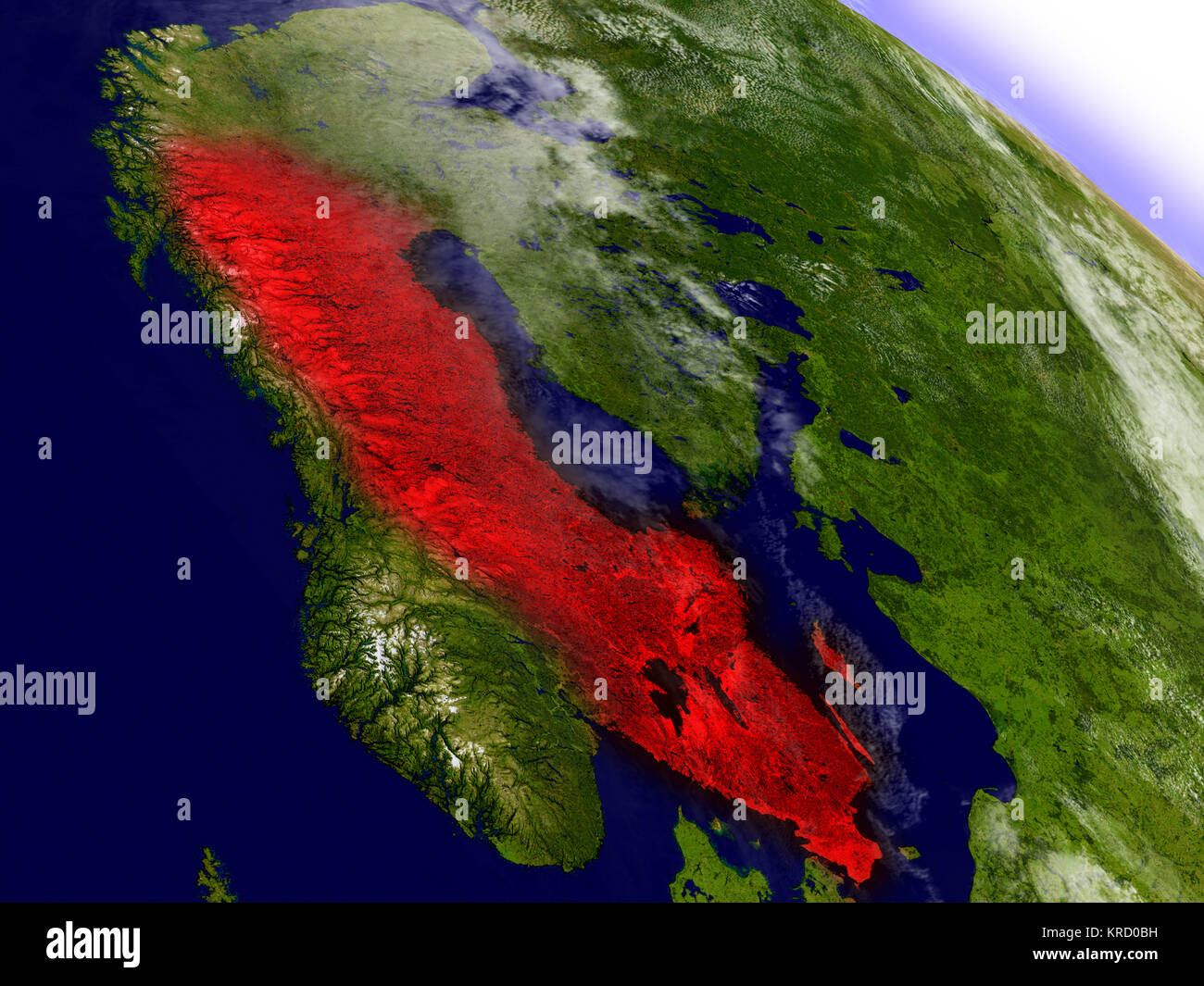 Sweden from space highlighted in red Stock Photo