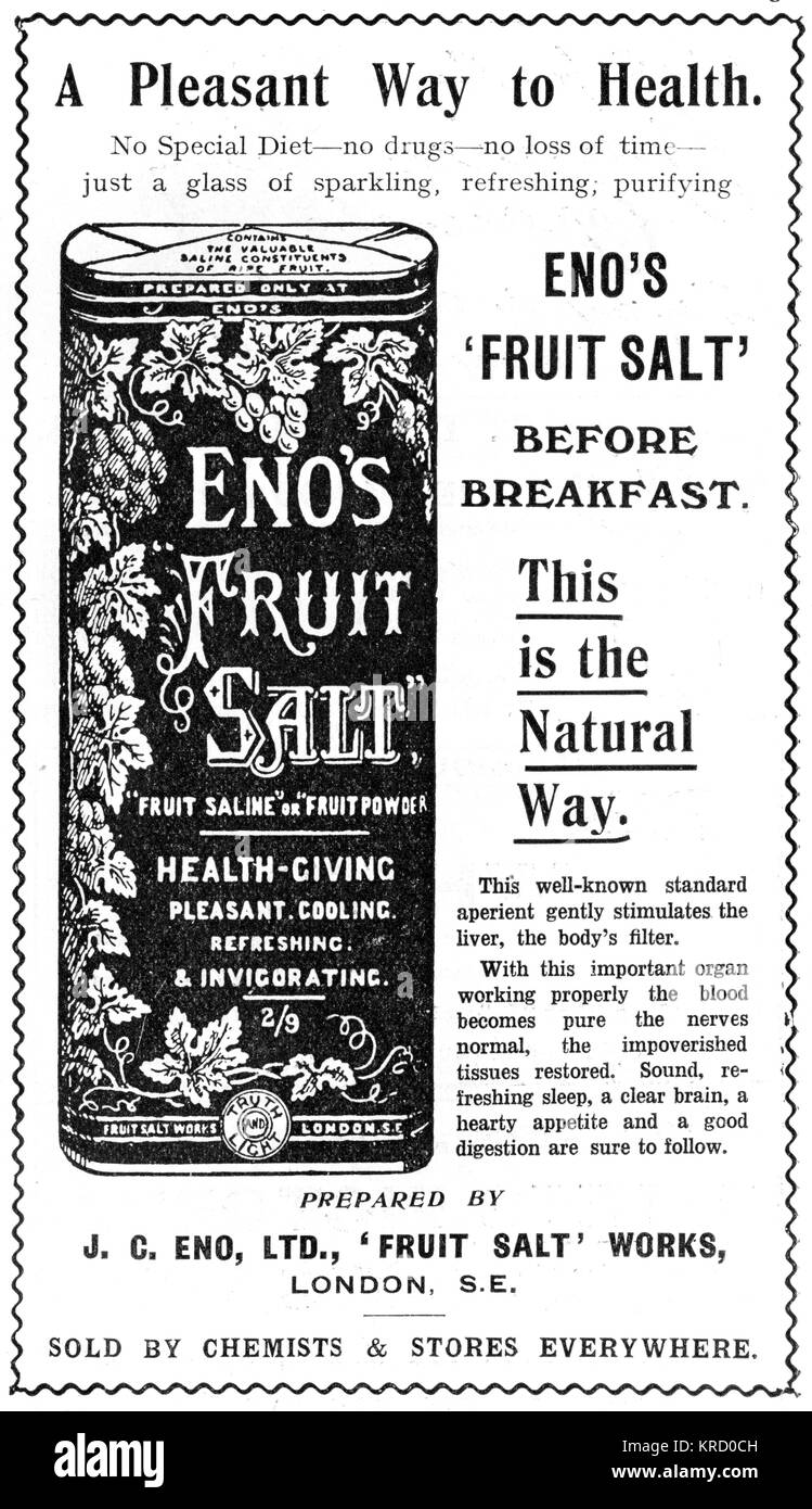 An advertisement for Eno's Fruit Salt, the health-giving aperient to be taken before breakfast.       Date: 1913 Stock Photo