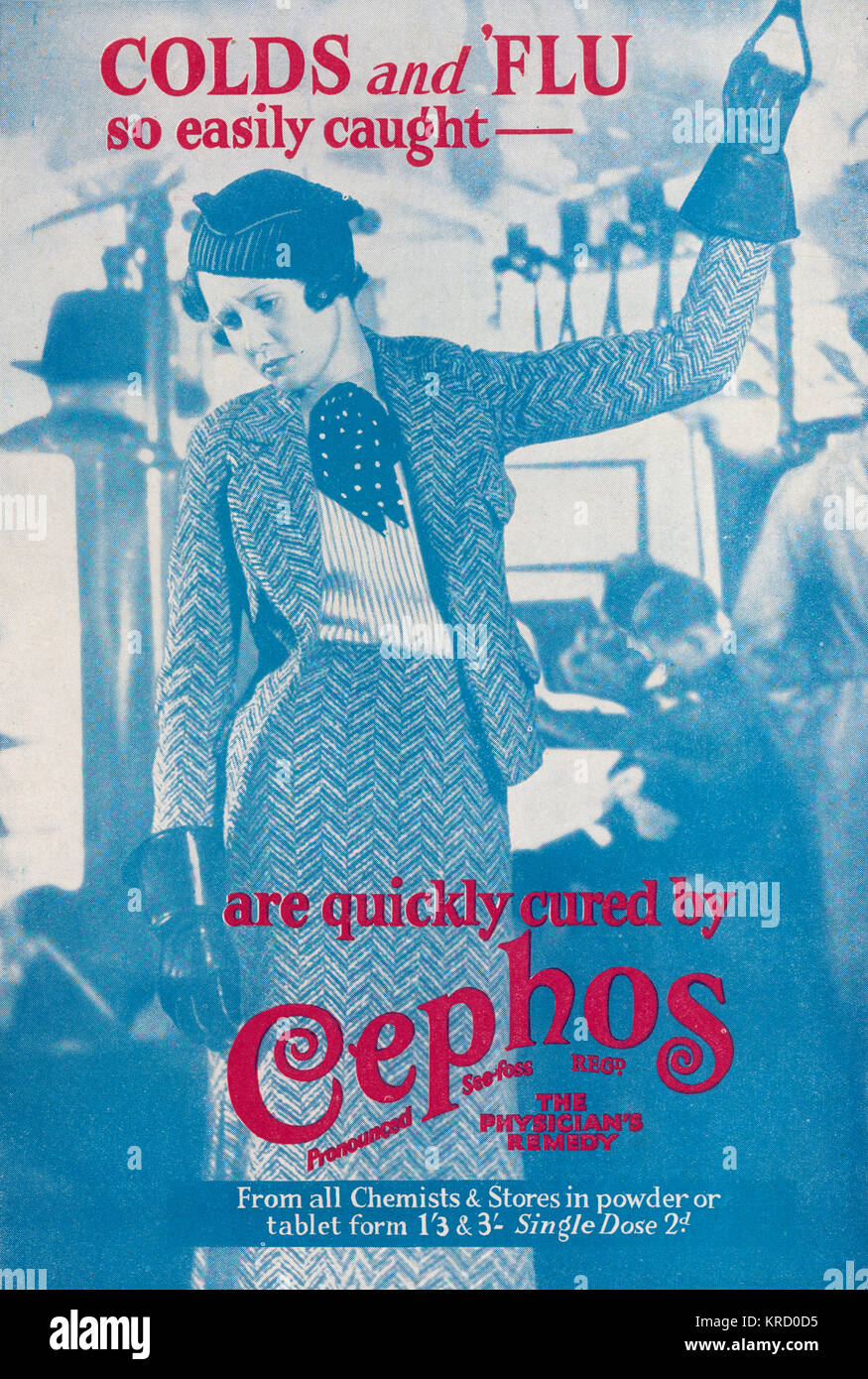 Advert for Cephos cold and flu powder depicting a poorly looking woman, dressed rather smartly, and standing, hanging onto a strap on a bus or tube train.  December 1938 Stock Photo