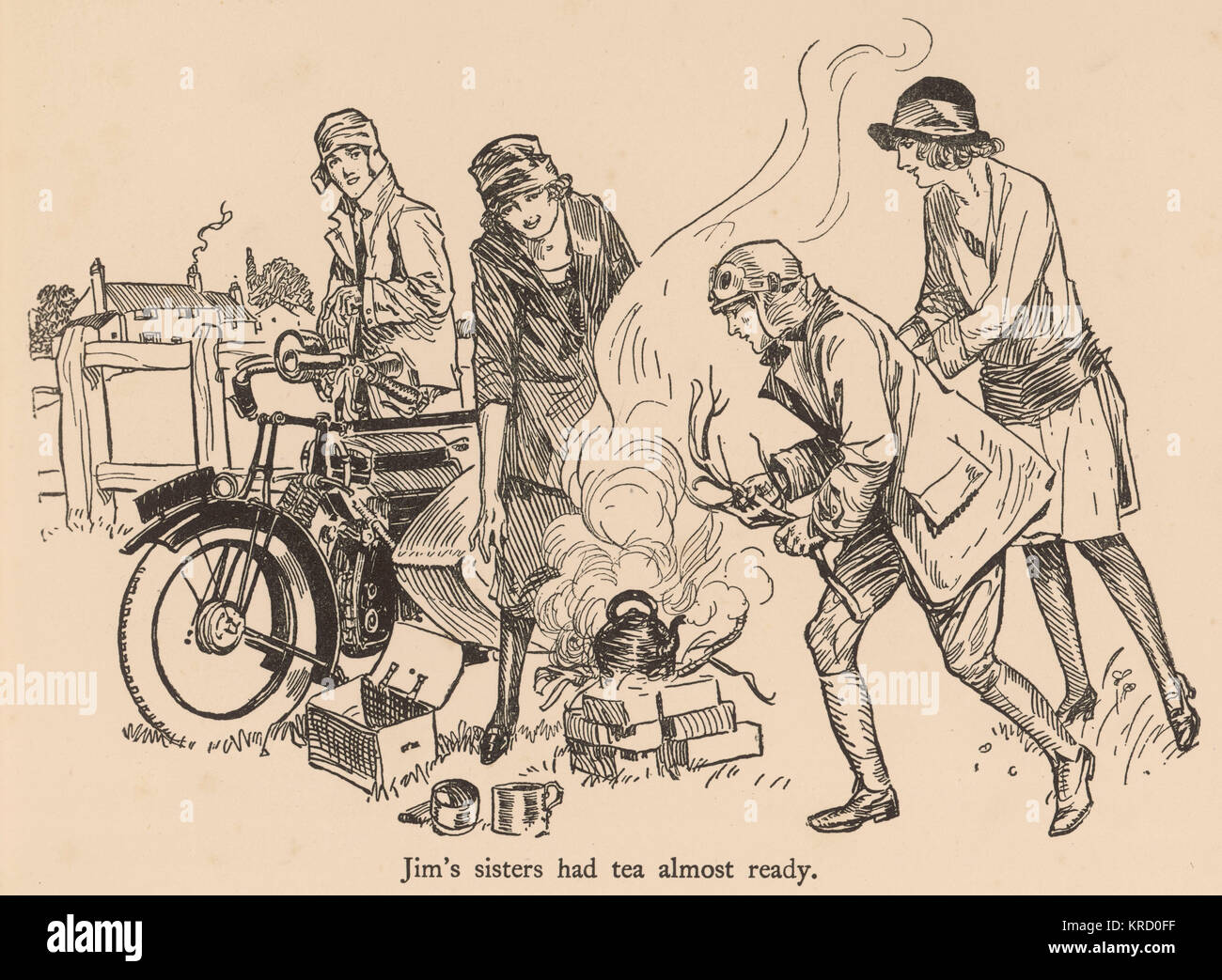 Arriving at a campsite, a pair of motorcyclists are helped to boil a kettle for a cup of tea by some helpful girls.     Date: c.1925 Stock Photo