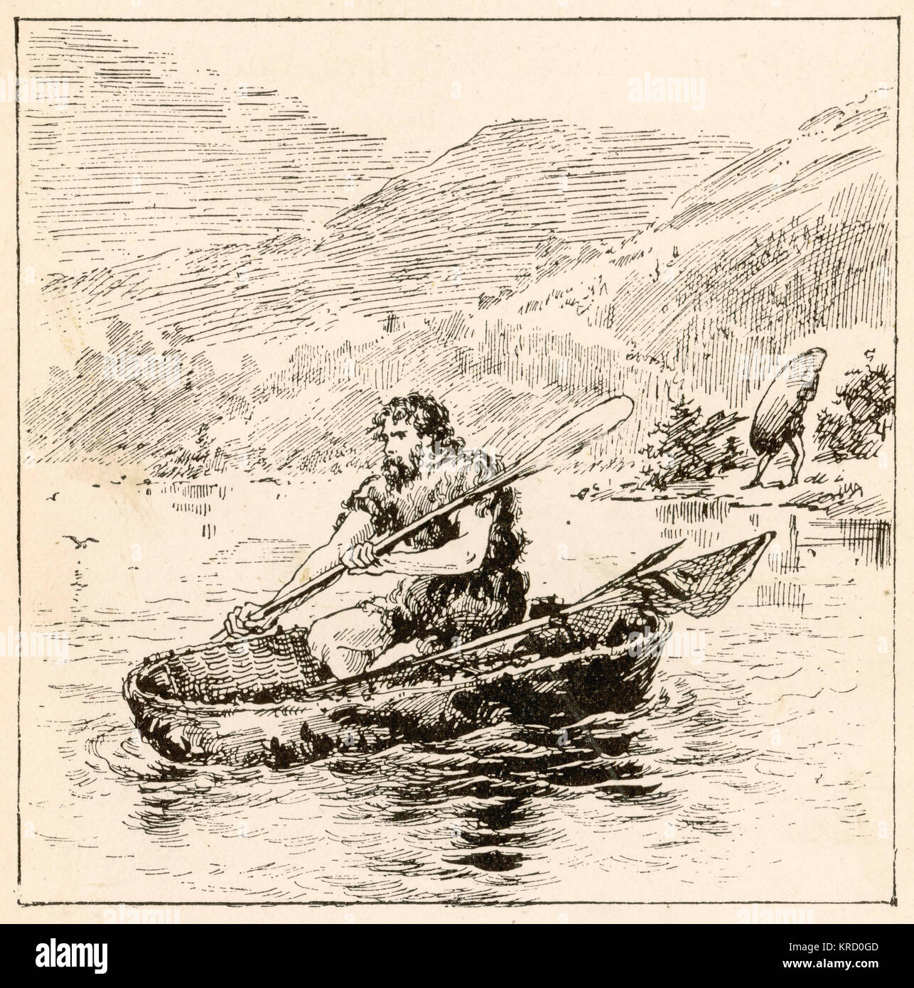 An Ancient Briton in a coracle Stock Photo