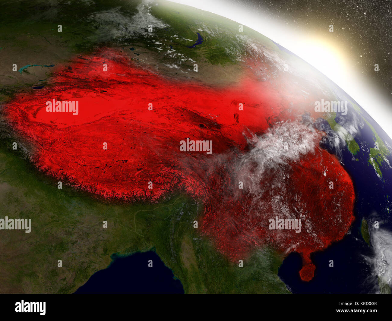 China from space highlighted in red Stock Photo