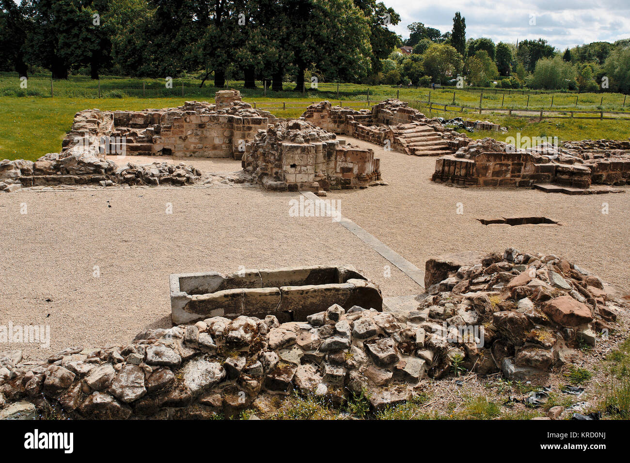 Part of the foundations of Bordesley Abbey in Redditch, Worcestershire.  The Abbey was founded by Cistercian monks in 1140, and included the abbey church and cemetery, farms, metalworking watermills and workshops.       Date: 2009 Stock Photo