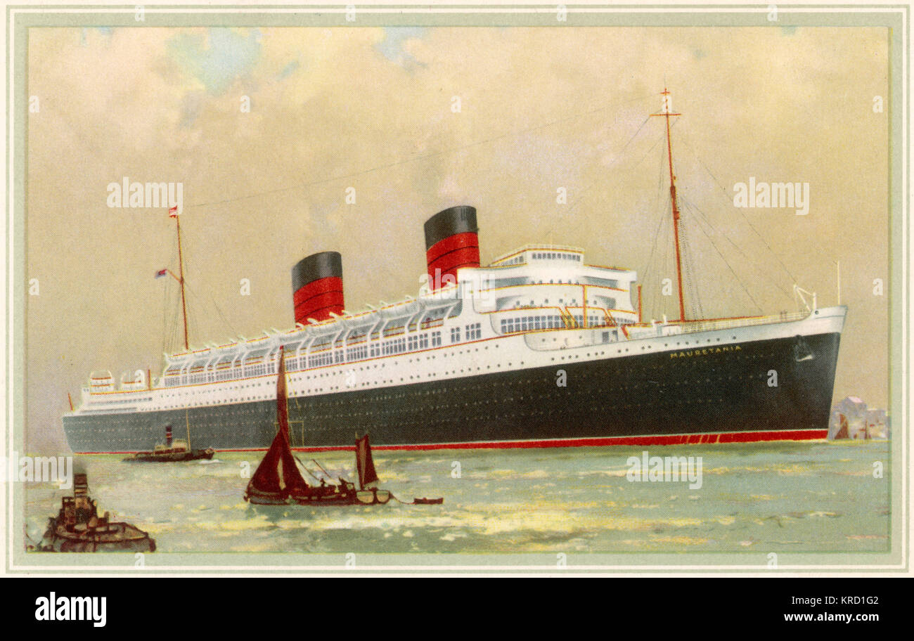RMS Mauretania.  A successor to RMS Mauretania of 1906.  Launched 28th July, 1938 she saw only the briefest period of commercial operation before being requisitioned by the British Government for use as a troop ship during World War II.  In 1947 she rejoined commercial service and sailed the transatlantic route during the summer months and the Caribbean during the winter.  She was finally withdrawn from service and sold for scrap in 1965.     Date: Launched 1938 Stock Photo