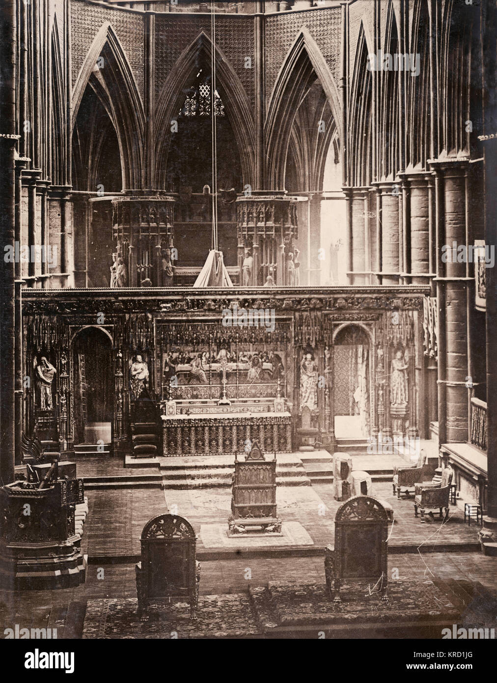 A view of Westminster Abbey, with the Coronation Chair at the centre