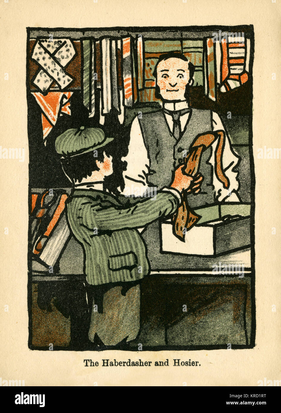 The Haberdasher and Hosier. A young boy in cap and jacket looks at a ...