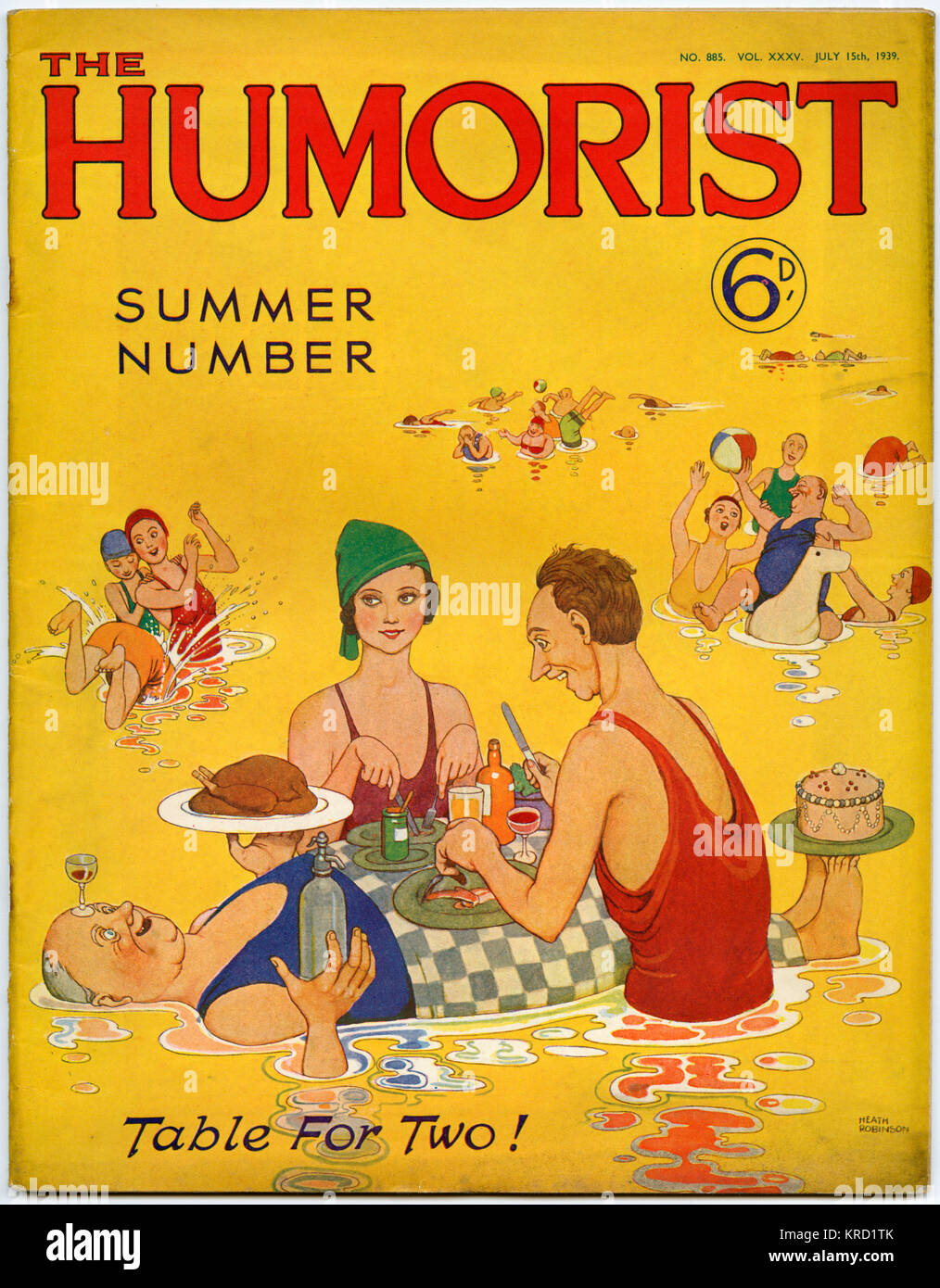 Bright and jolly front cover design for The Humorist magazine Summer Number by William Heath Robinson featuring a number of bathers paddling and playing about in the sea.  One particular couple have had the ingenious idea of using a rotund and therefore very buoyant friend as a makeshift dining table for their picnic.     Date: 1939 Stock Photo