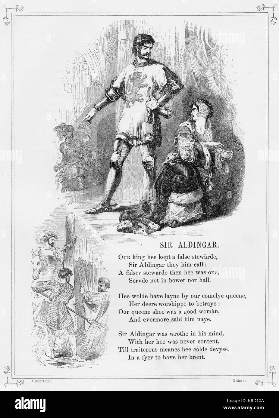 SIR ALDINGAR.  Popular British Ballad, recounting the tale of a rebuffed Sir Aldingar who slanders his mistress (the Queen) by placing a leper in her bed for the King to find.  A mysterious small child saves the day when he fights Sir Aldingar and mortally wounds him.  The knight calls for a priest and a confession follows     Date: 1853 Stock Photo