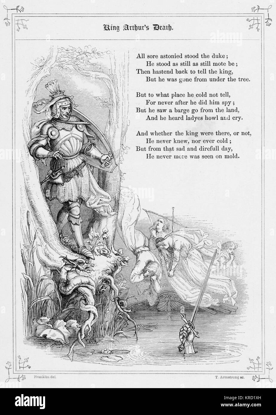 KING ARTHURS DEATH.  British ballad telling the tale of  the Arthurian legend.  Sir Bedivere, with considerable reluctance, restores the magic sword Excalibur to the Lady of the Lake.     Date: 1853 Stock Photo