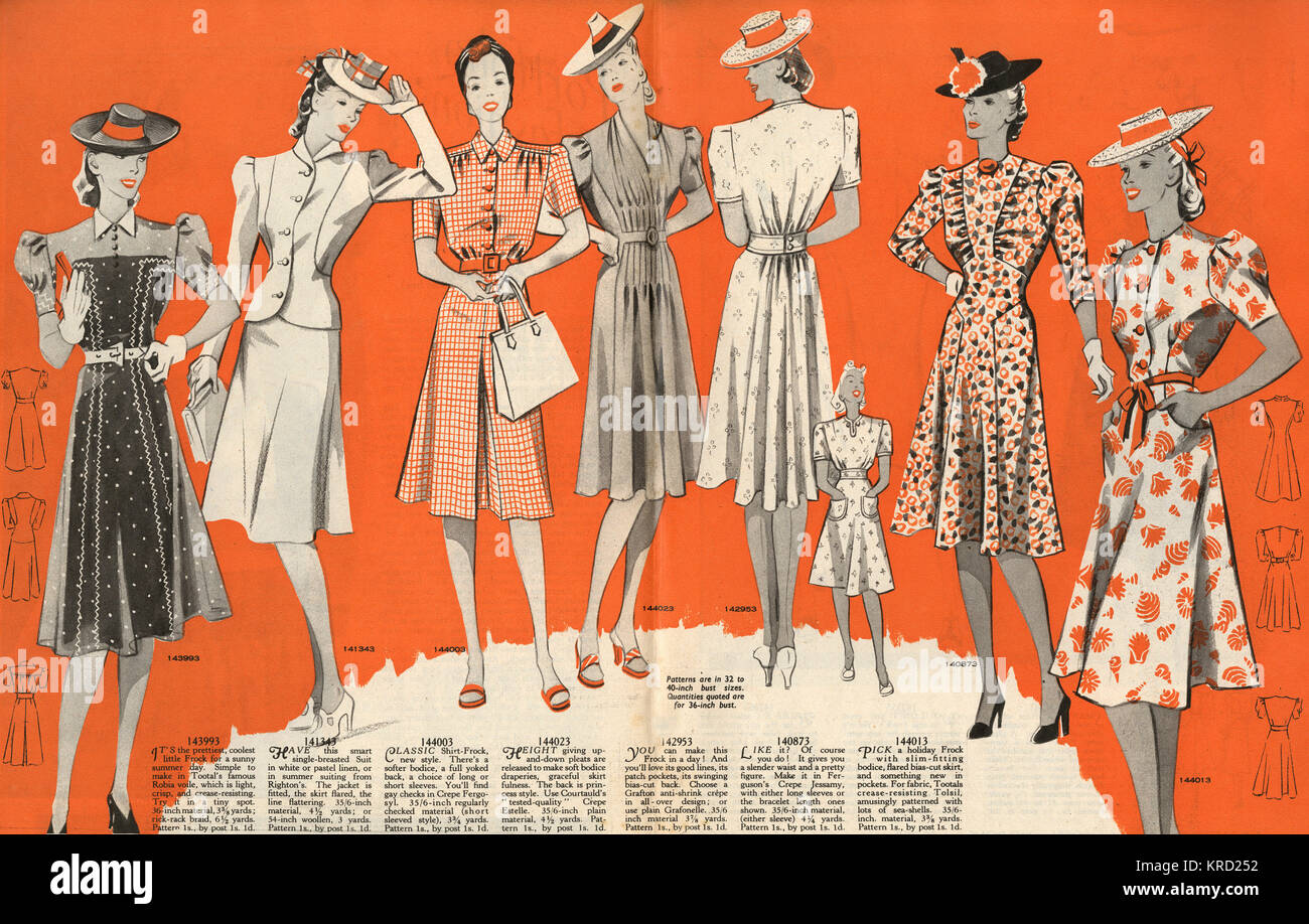 A variety of smart dresses available as sewing patterns from Weldon's.     Date: 1940 Stock Photo