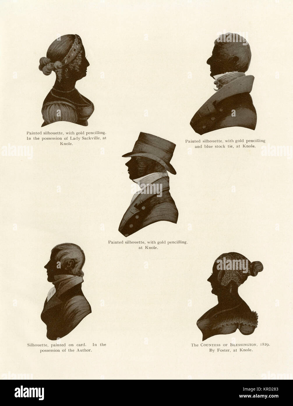 A group of silhouette portraits from the Regency period.  Clockwise from top left, a painted silhouette with gold pencilling, a dandyish gentleman in a blue stock tie (silhouette again with gold pencilling), Marguerite, Countess of Blessington (1789 - 1949), a gentleman and, middle, a painted silhouette with gold pencil of a gentleman in a hat with high colour      Date: c.1800 Stock Photo