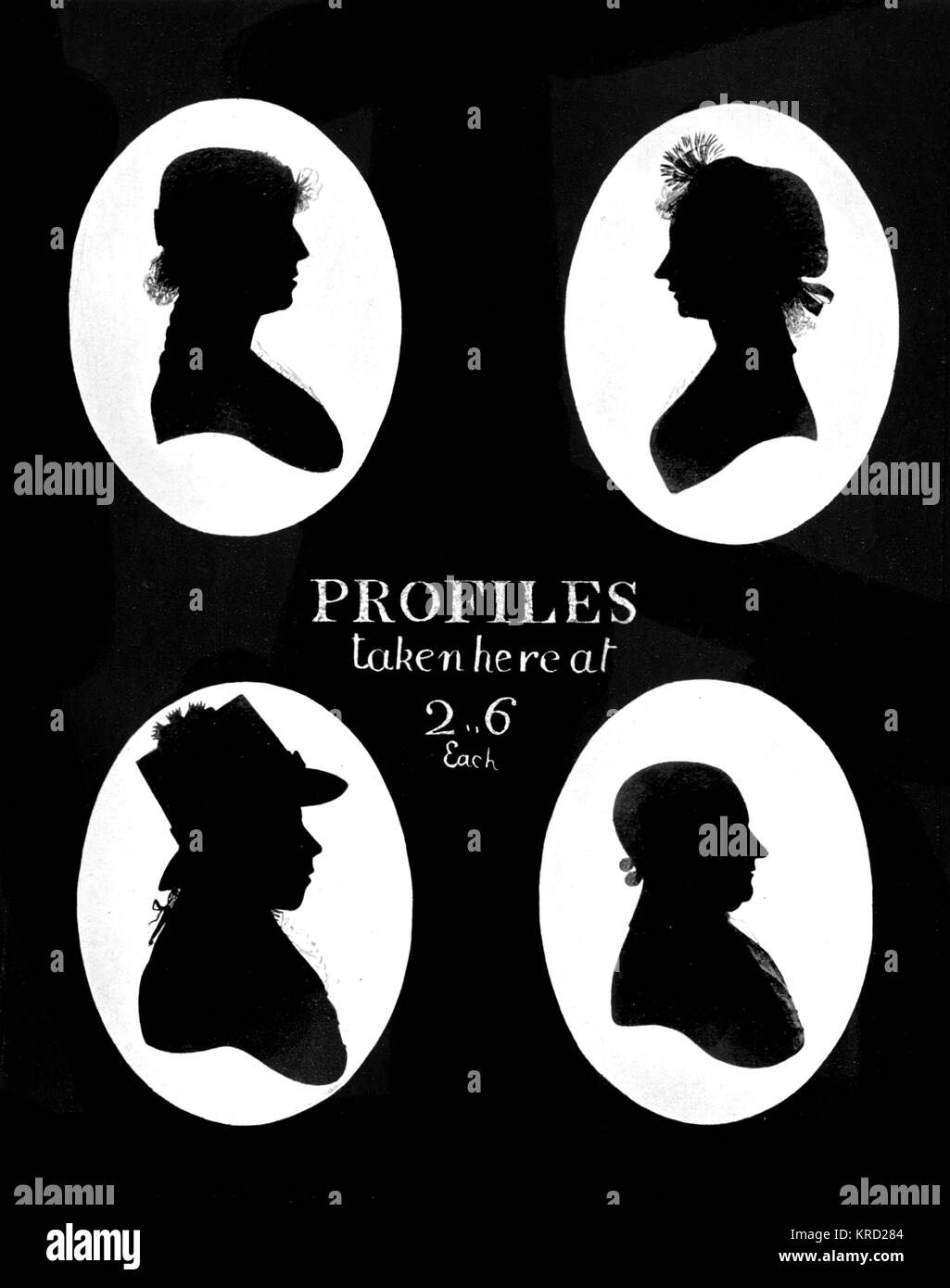 Advertisement for a silhouettist, or silhouette artist, publicising, 'profiles taken here at 2, 6' each'.     Date: c. 1810 Stock Photo