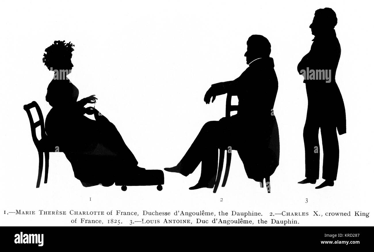 Silhouette portraits of Charles X, crowned King of France in 1825, together with his daughter, Marie Therese Charlotte of France, the Dauphine and the Dauphin, Louis Antoine, Duc D'Angouleme.  These portraits were cut by the famed silhouettist, August Edouart during the exile of the King at Holyrood Palace in Edinburgh in 1831.       Date: 1831 Stock Photo