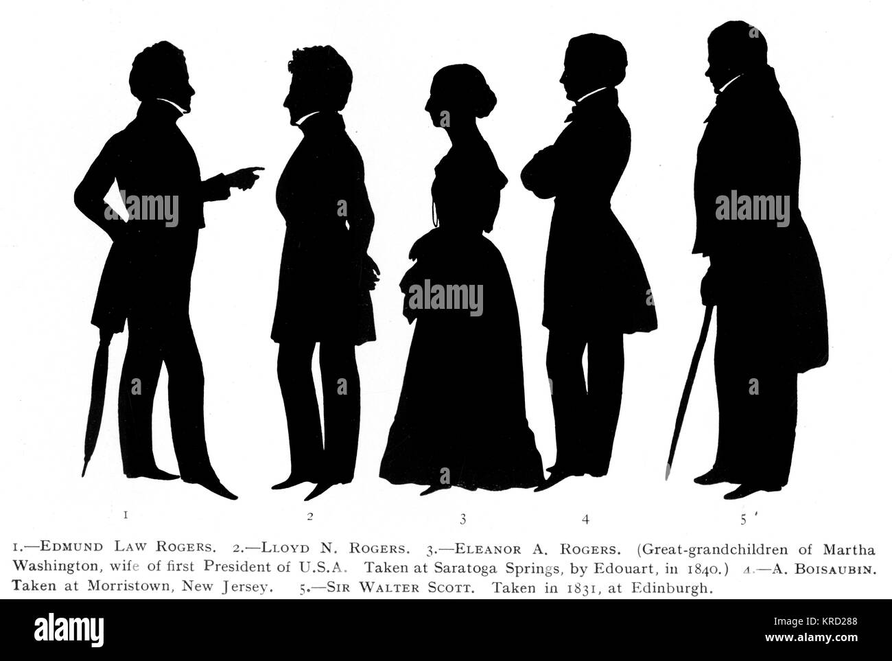 A series of silhouette portraits taken by Edouart.  From left, Edmund Law Rogers, Lloyd N. Rogers, Eleanor A. Rogers (all great grandchildren of Martha Washington, wife of George Washington - are they not therefore his great grandchildren too?  I'm not sure but that's what the caption says!), A. Boisaubin (taken at Morristown, New Jersey) and finally, Sir Walter Scott, taken in 1831 at Edinburgh.     Date: 1830s Stock Photo