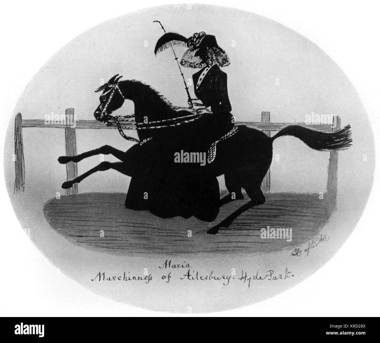 Silhouette portrait of Maria, Marchioness of Aylesbury riding a horse in Hyde Park.     Date: 19th century Stock Photo