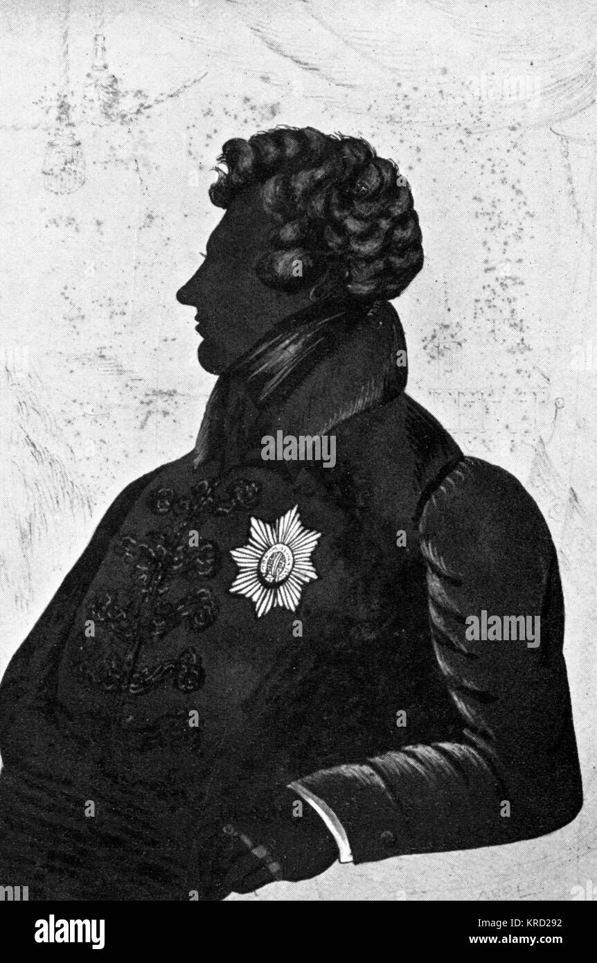 Signed silhouette portrait of King George IV (1762 - 1830), by Adolph with hair and jewels pencilled in gold.       Date: c.1820 Stock Photo