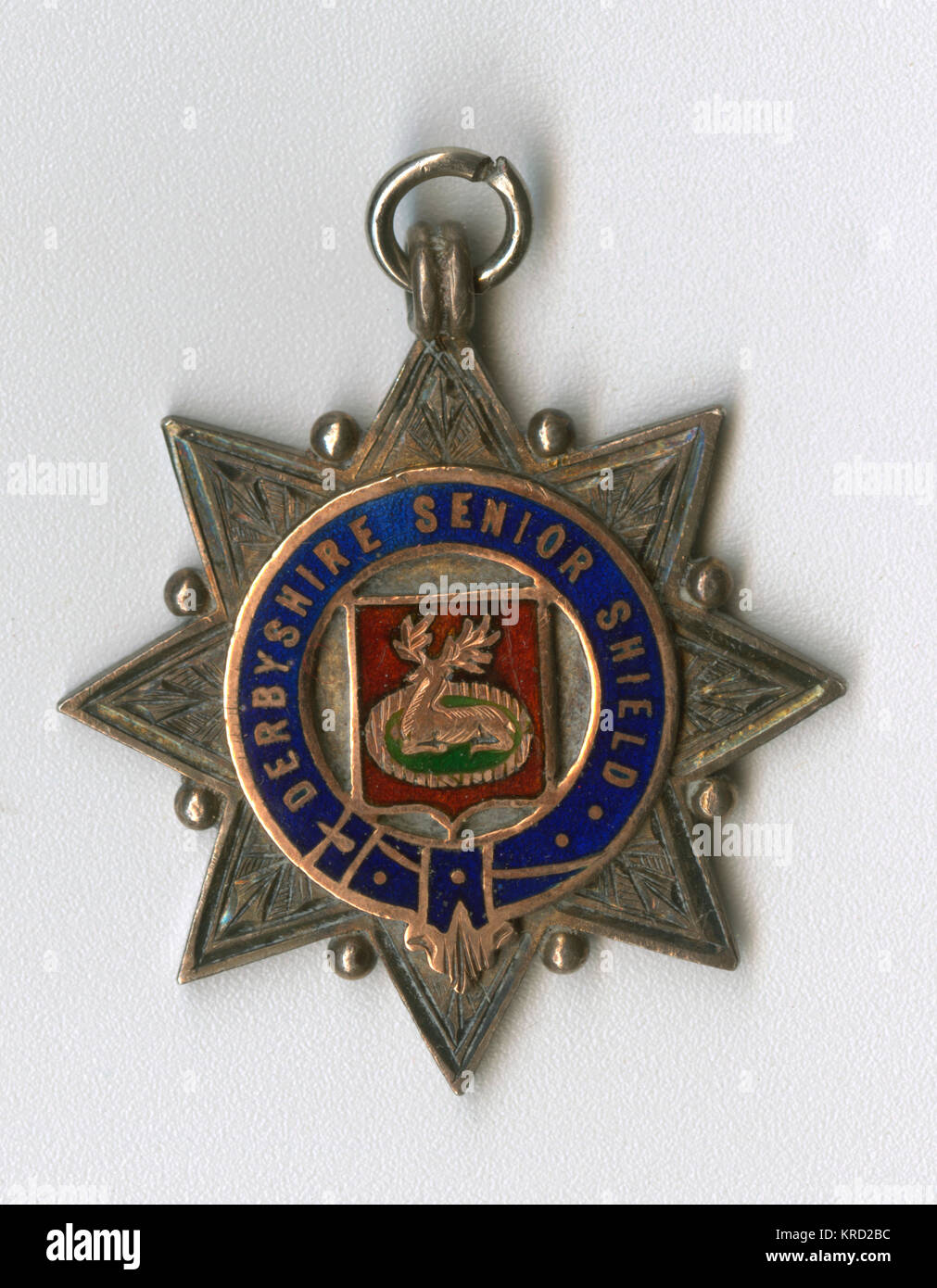 Sports medal of the Derbyshire Senior Shield, awarded to the runners up in the 1908-1909 season.  A star-shaped medal featuring the Derby emblem of a deer in a park at the centre.      Date: 1909 Stock Photo