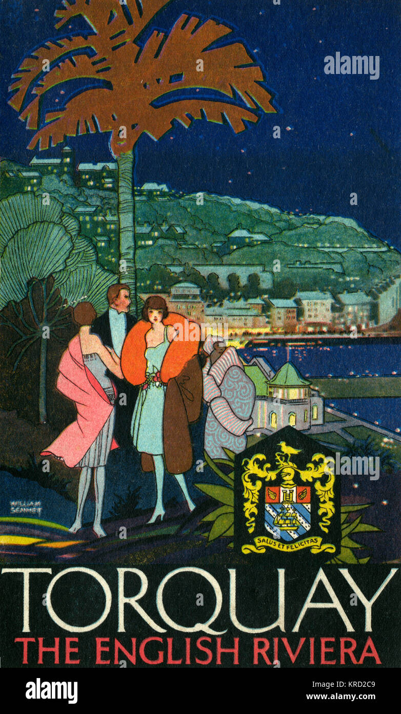 Front cover of a guide to British seaside resort, Torquay, Devon, on the English Riviera, featuring an elegant group posed by a palm tree with the town lit up at night in the background.      Date: c.1925 Stock Photo