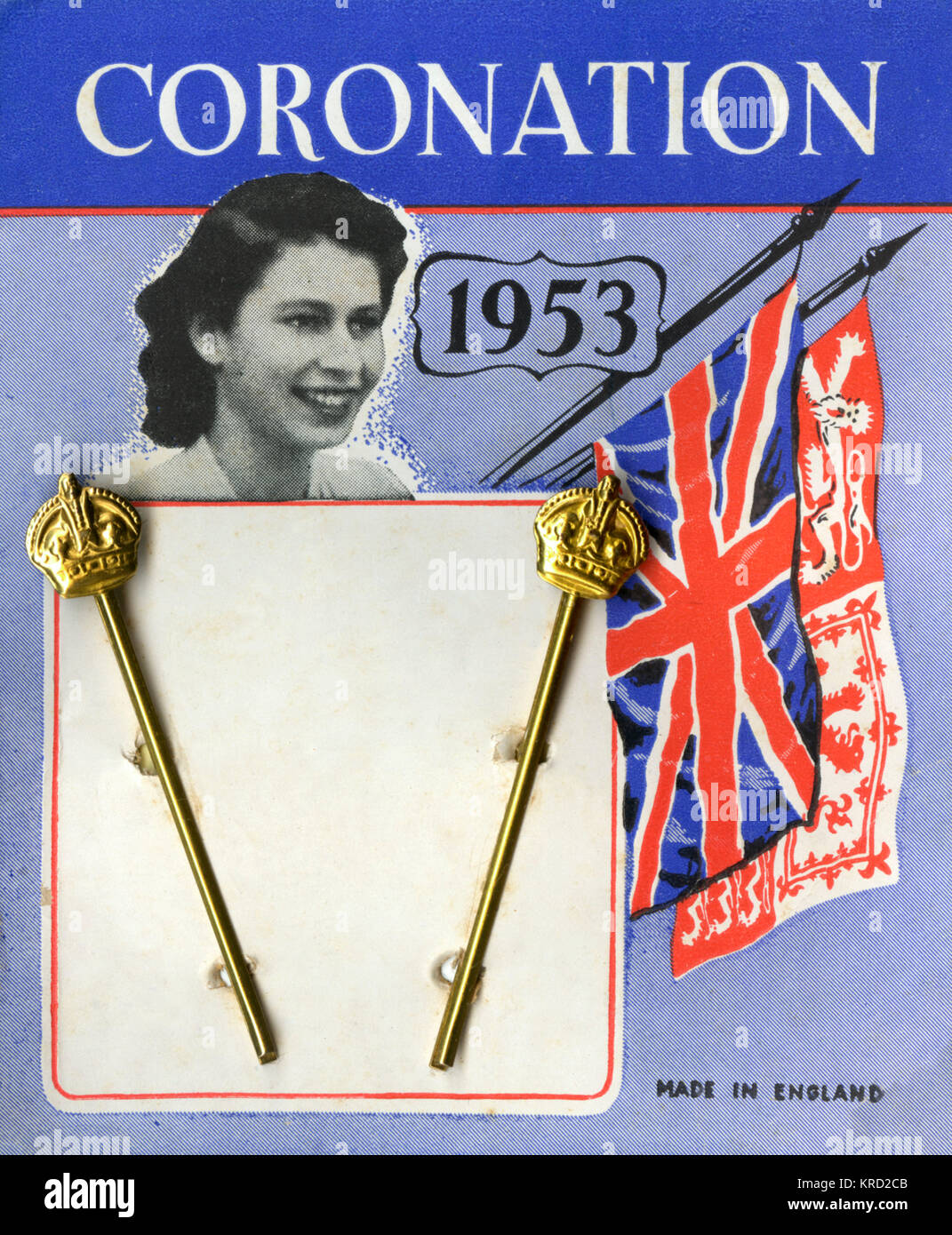 A pair of regal hair clips produced to commemorate the coronation of Queen Elizabeth II in 1953 featuring a small crown on each one and a picture of a youthful Princess Elizabeth on the packaging.     Date: 1953 Stock Photo