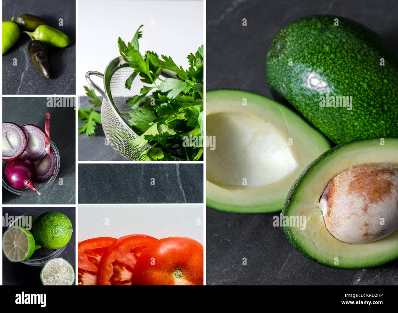 Guacamole recipe presentation by separate photos of ingredients on dark