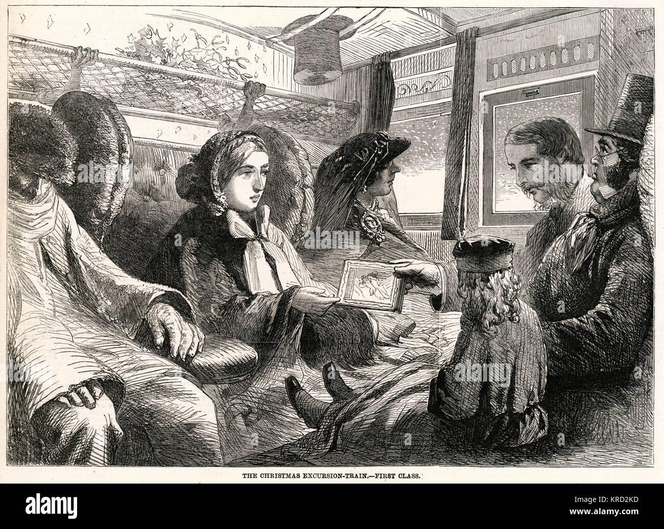 Crowed First class passengers on their way home for Christmas.     Date: 1859 Stock Photo
