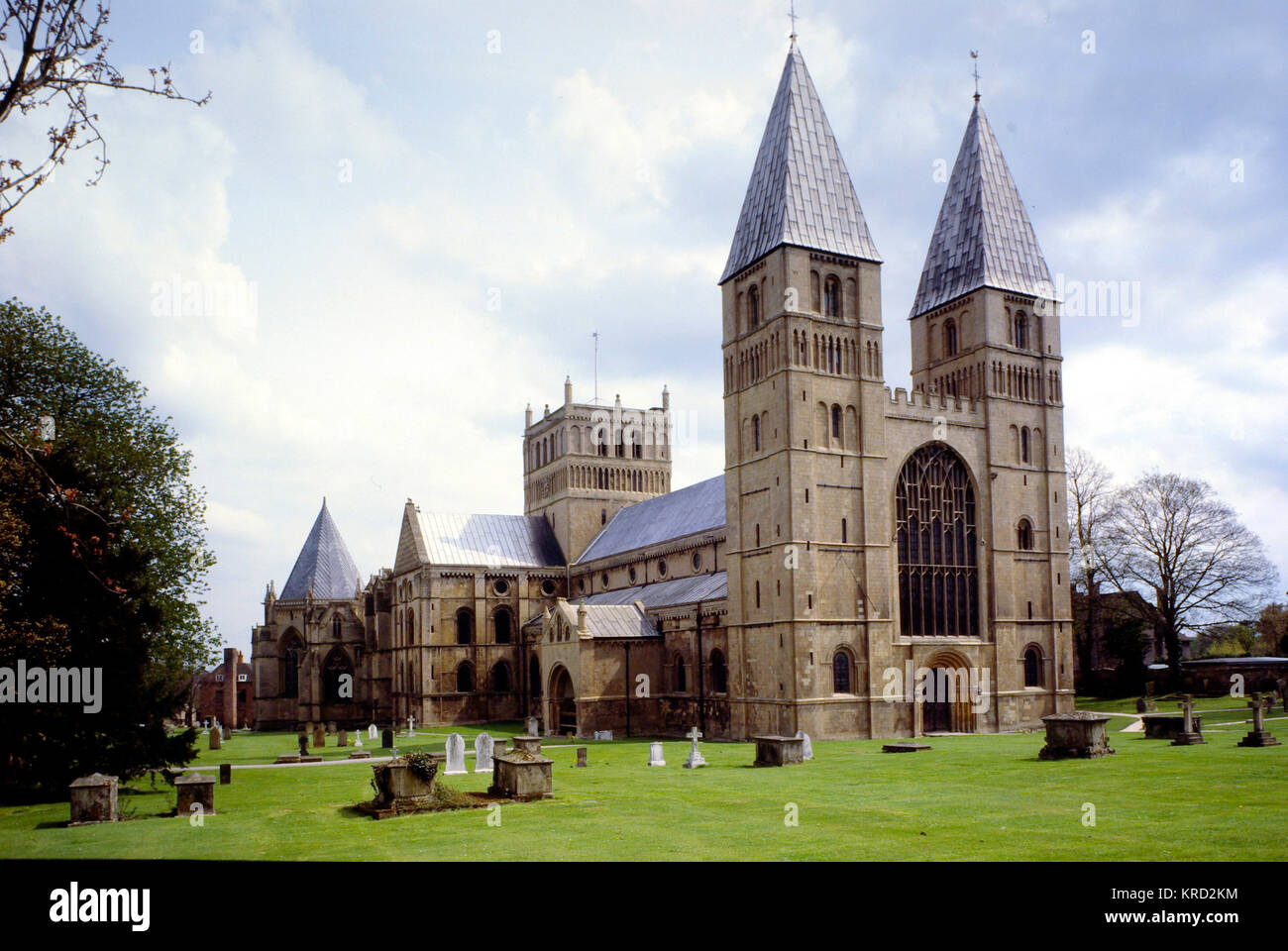 View of the west front of Southwell Minster, near Newark, Nottinghamshire.  Its full name is the Cathedral and Parish Church of the Blessed Virgin Mary. Stock Photo